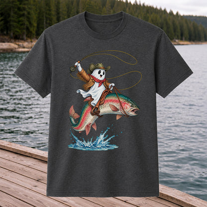 Ghost Cowboy Riding a Rainbow Trout Halloween Fishing T-Shirt