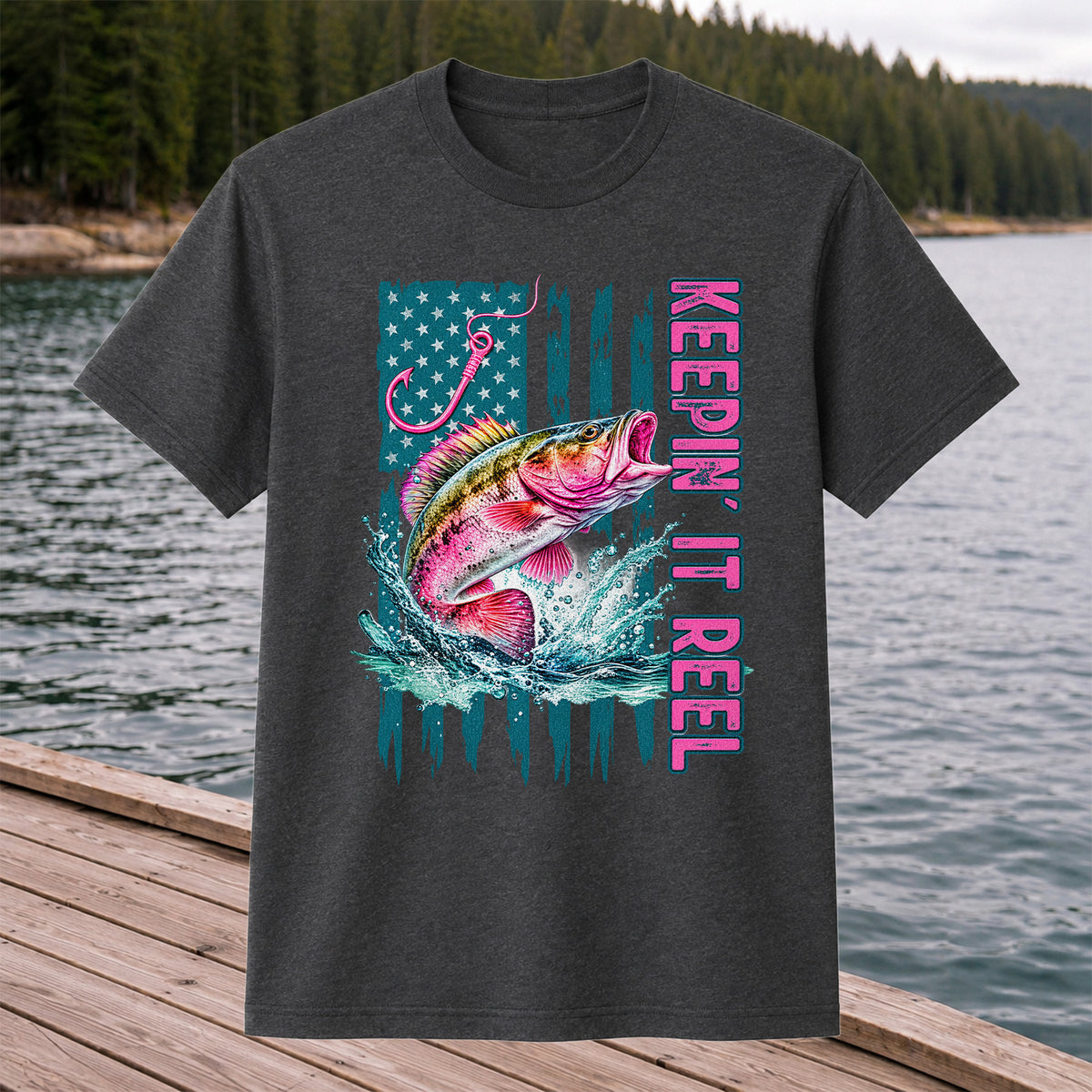 Keepin' It Reel Bass Fishing American Flag Graphic T-Shirt