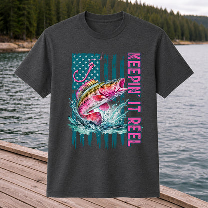 Keepin' It Reel Bass Fishing American Flag Graphic T-Shirt