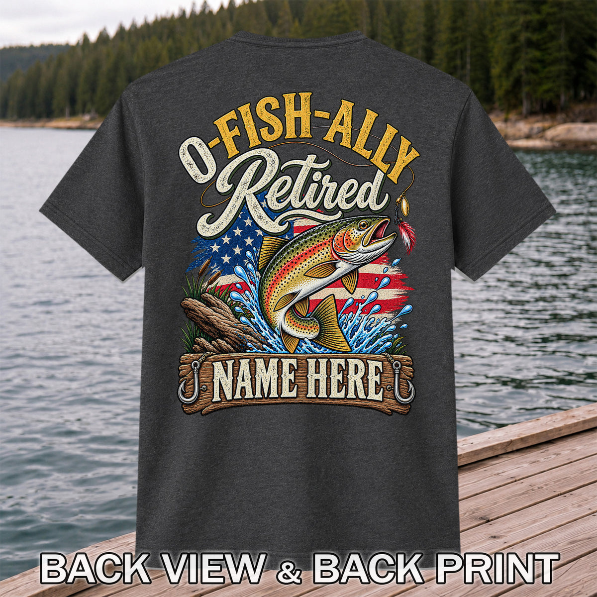 Retired Rainbow Trout American Flag Fishing T-Shirt | Back Print