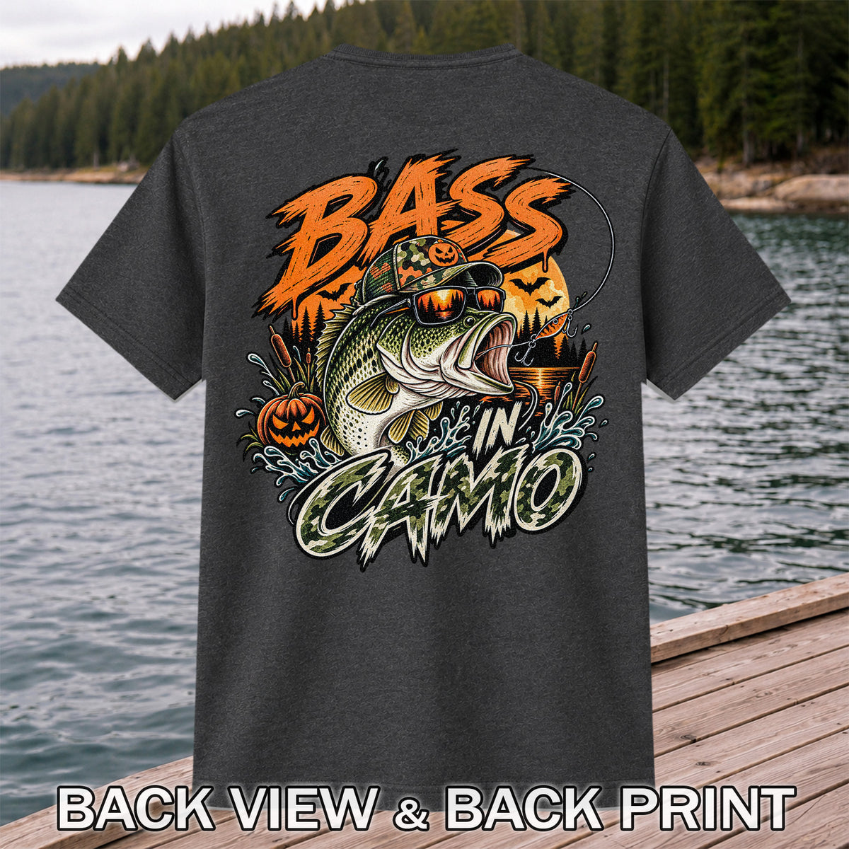Bass in Camo Halloween Pumpkin Bass Fishing Graphic T-Shirt | Back Print