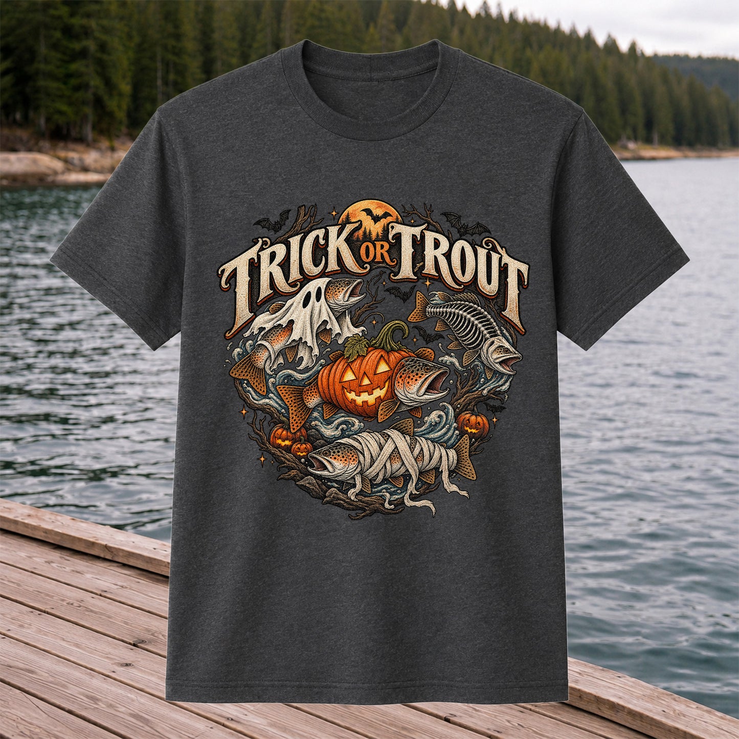 Trick or Trout Haunted Fish Halloween Fishing T-Shirt