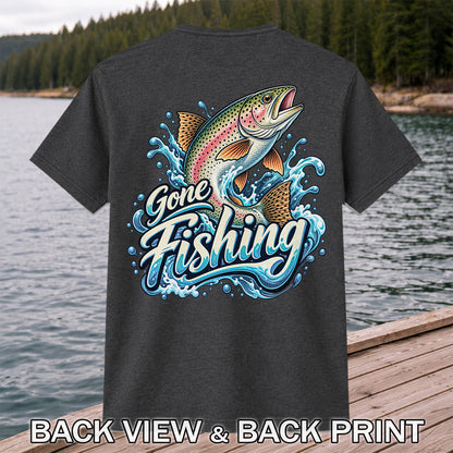 Gone Fishing Jumping Rainbow Trout Splash Graphic T-Shirt | Back Print