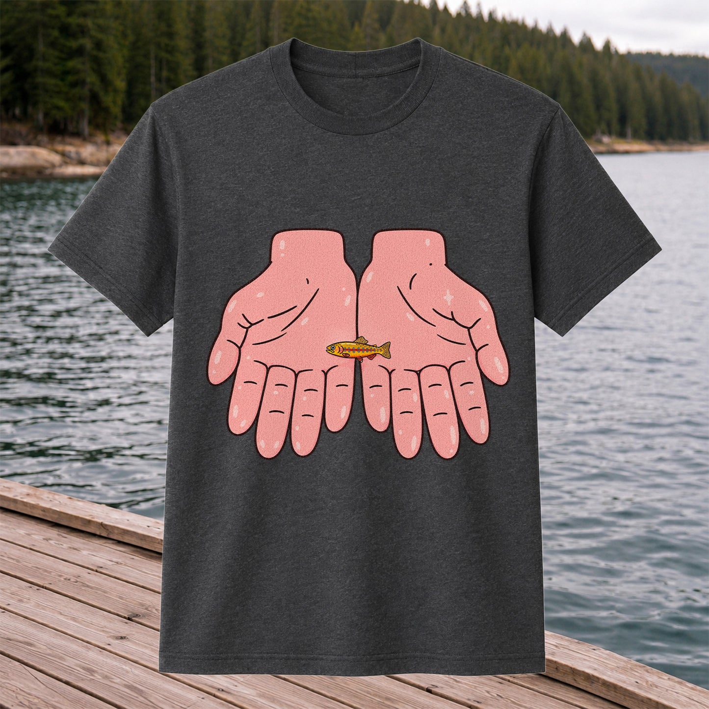 Tiny Rainbow Trout in Two Hands Cute Fishing Graphic T-Shirt