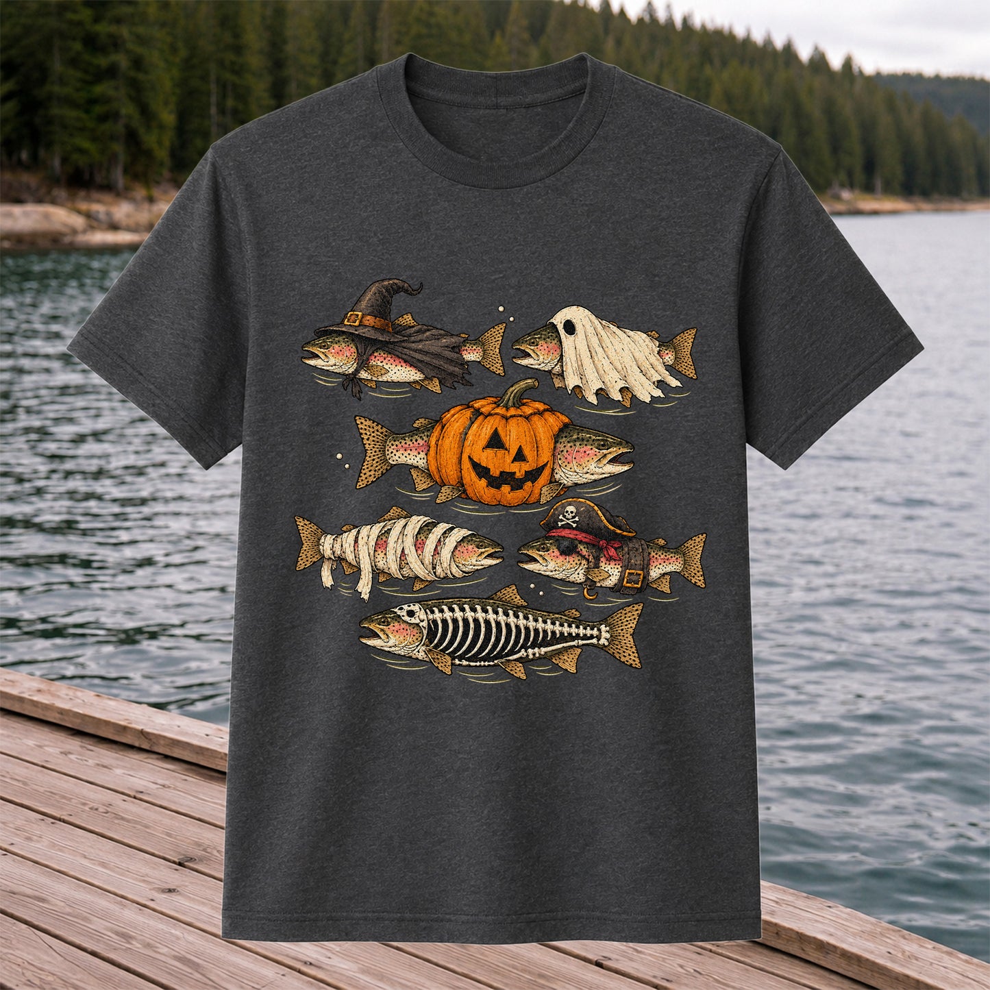 Rainbow Trout Halloween Costumes Witch Ghost Pumpkin Mummy Pirate Skeleton Fishing T-Shirt