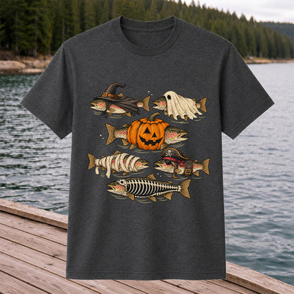 Rainbow Trout Halloween Costumes Witch Ghost Pumpkin Mummy Pirate Skeleton Fishing T-Shirt