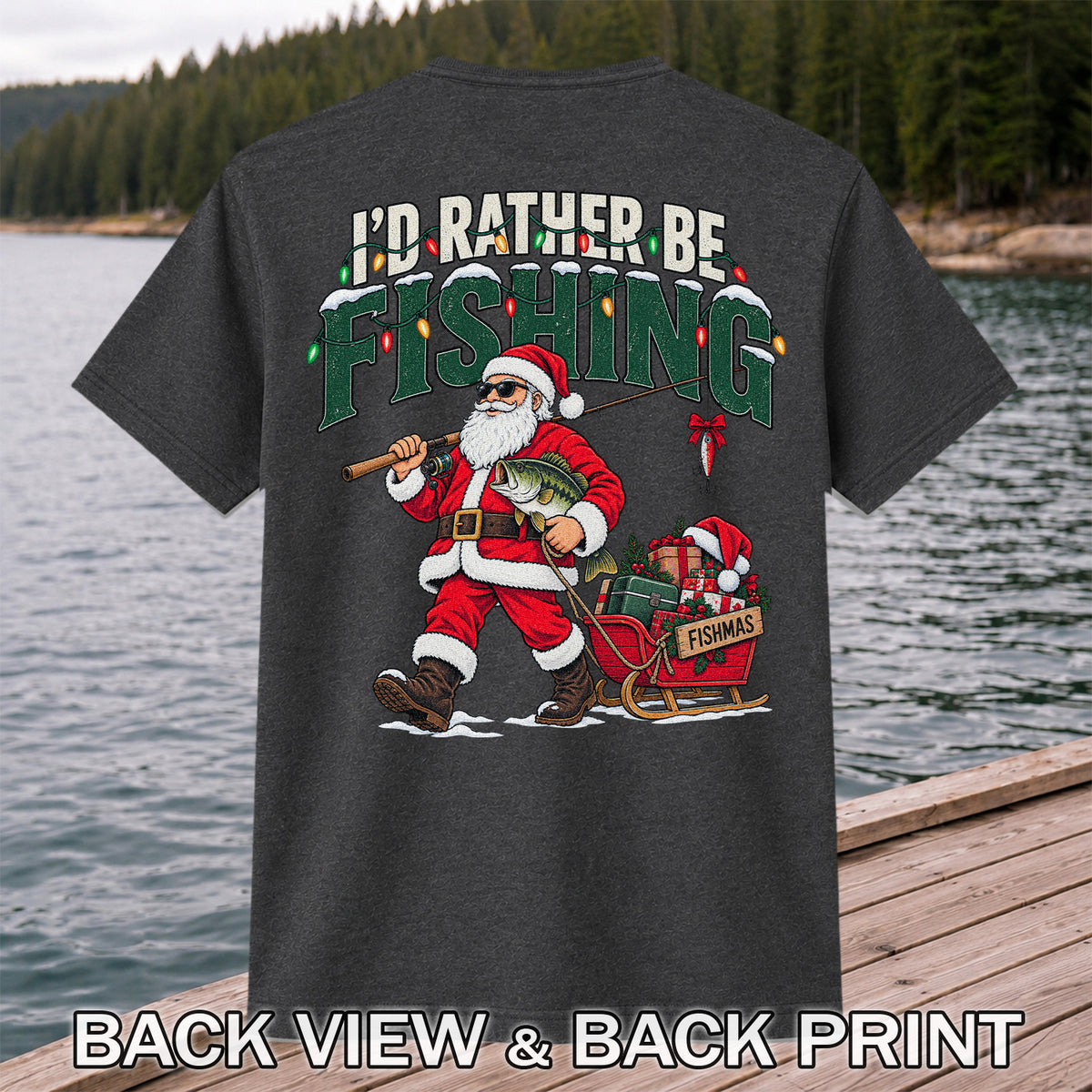 Santa Fishing with Bass Christmas Graphic T-Shirt | Back Print