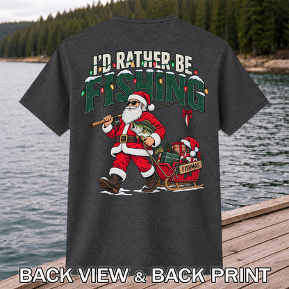 Santa Fishing with Bass Christmas Graphic T-Shirt | Back Print