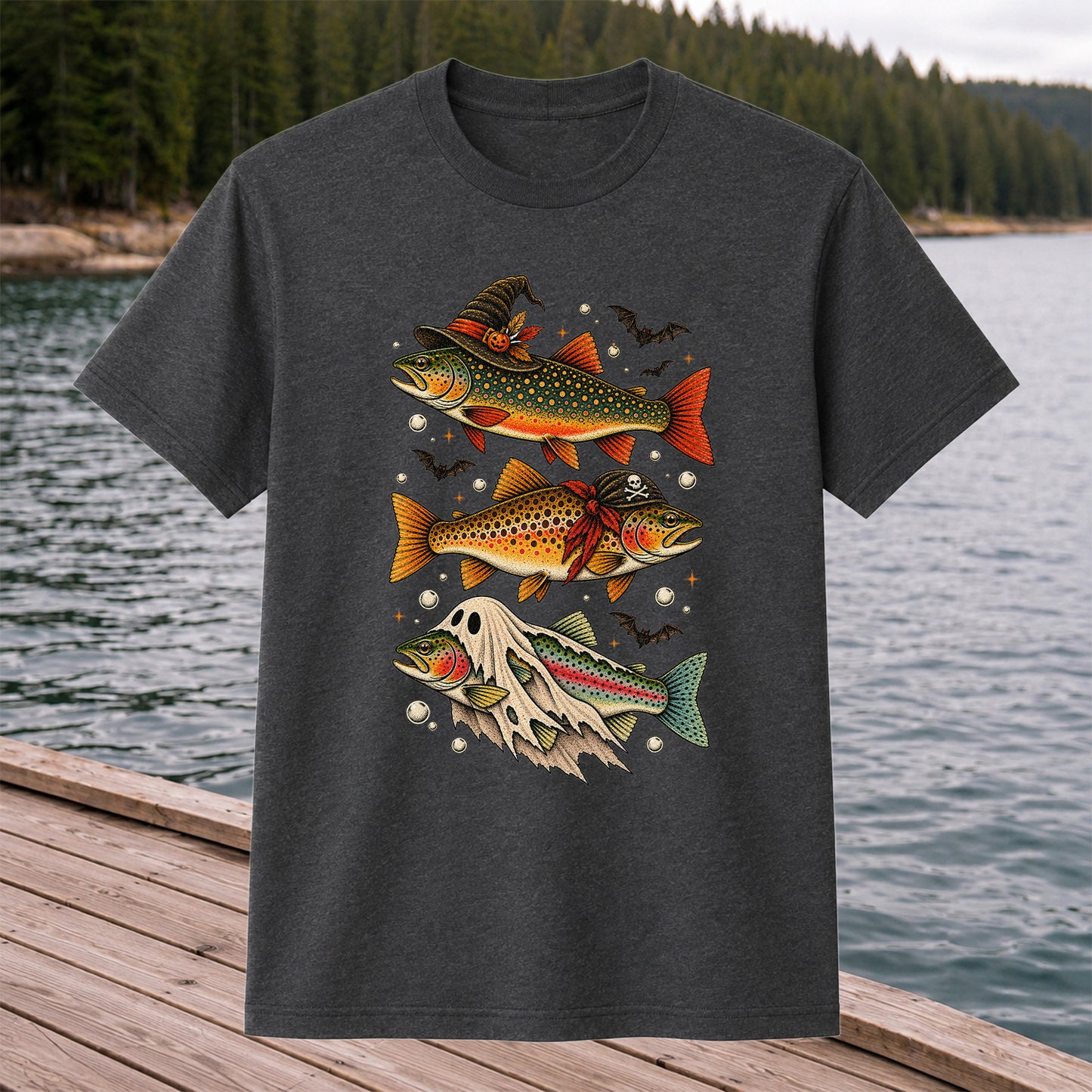 Halloween Trout Trio Witch Pirate and Ghost Fishing T-Shirt