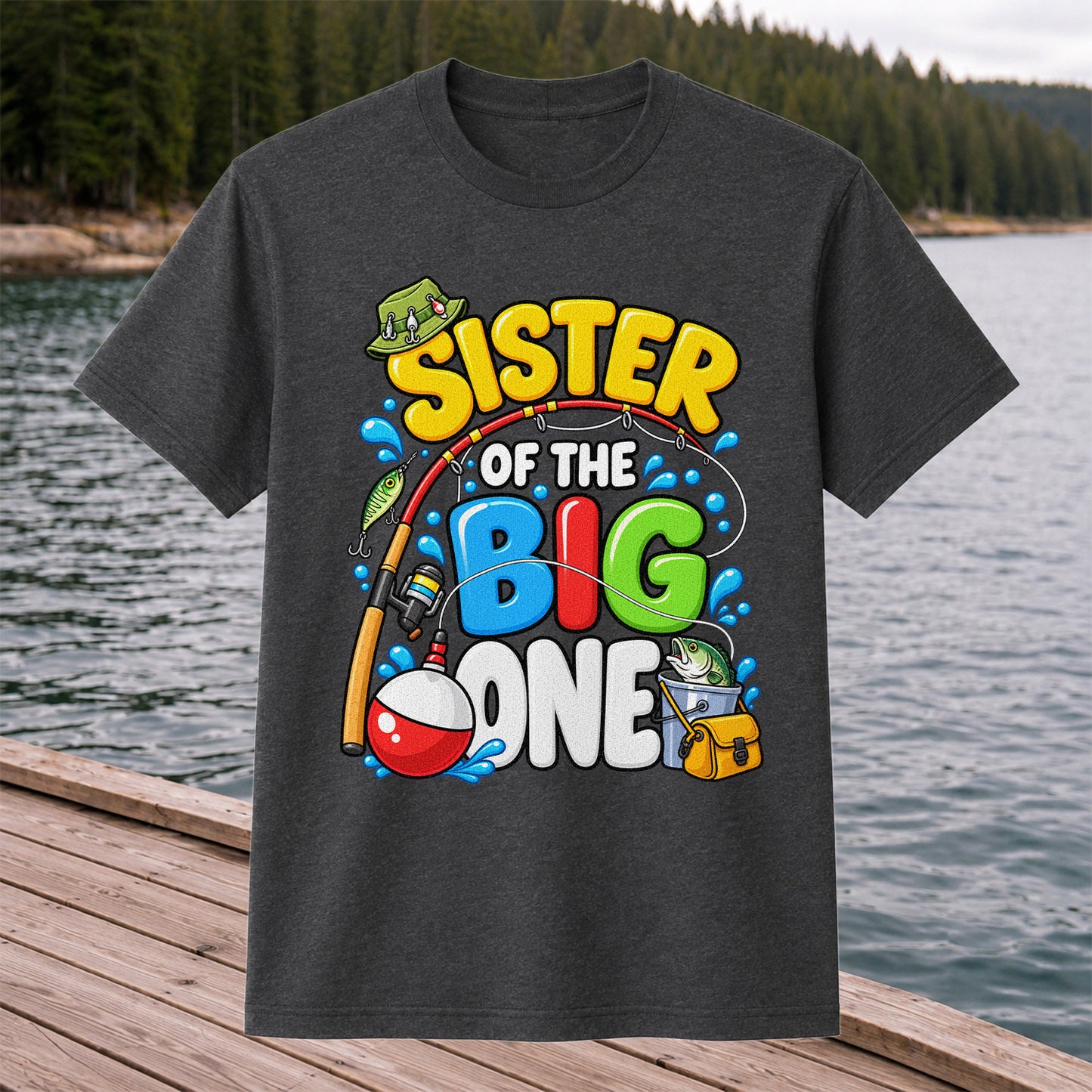 Sister of the Big One Fishing Birthday T-Shirt with Fish and Bobber