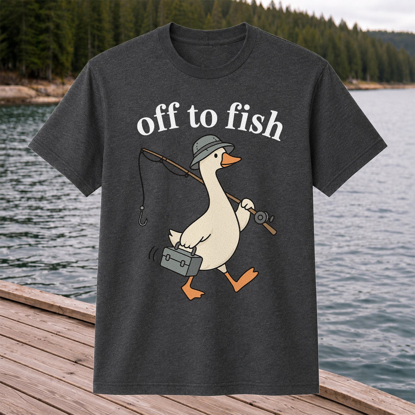 Off to Fish Funny Fishing Goose Graphic T-Shirt