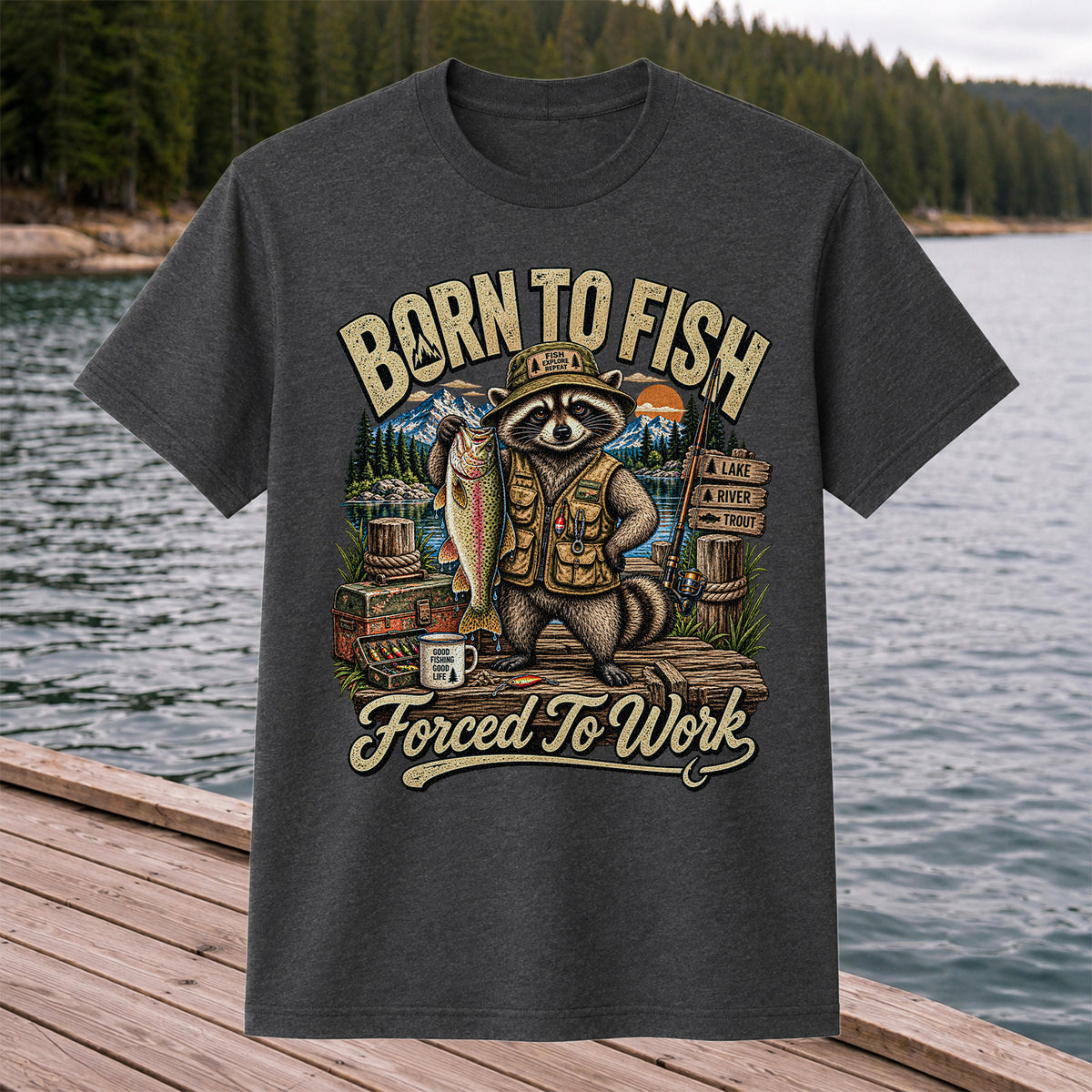 Born to Fish Forced to Work Raccoon and Rainbow Trout Fishing T-Shirt