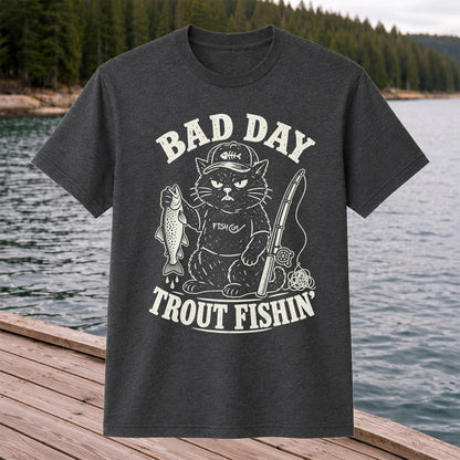 Bad Day Trout Fishin' Fish On Grumpy Black Cat Funny Fishing T-Shirt