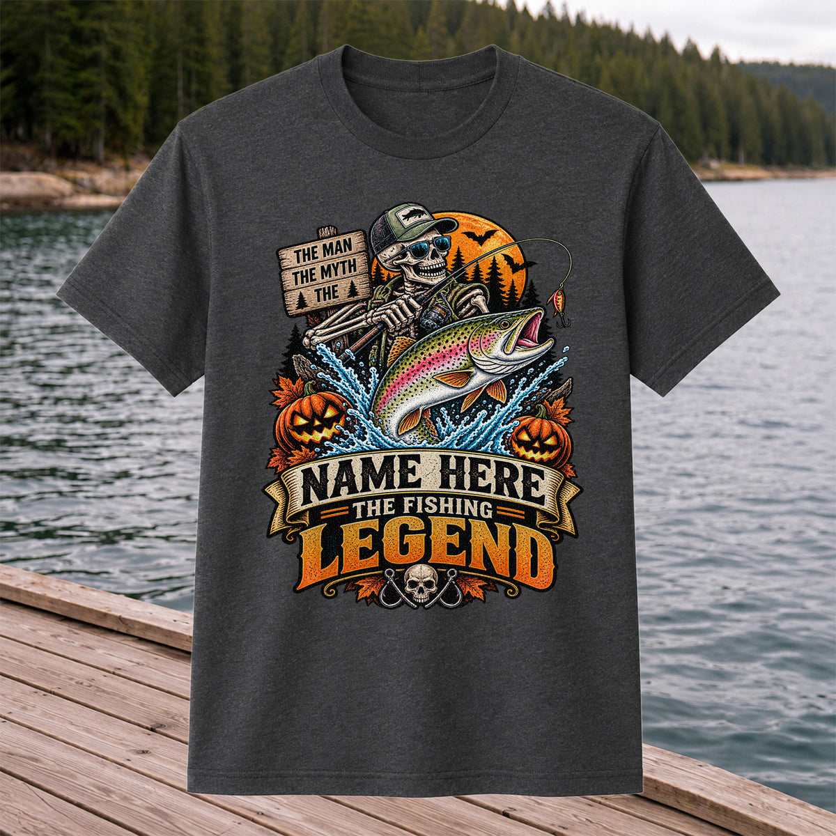 The Man The Myth The Fishing Legend Name Here Halloween Skeleton Rainbow Trout T-Shirt