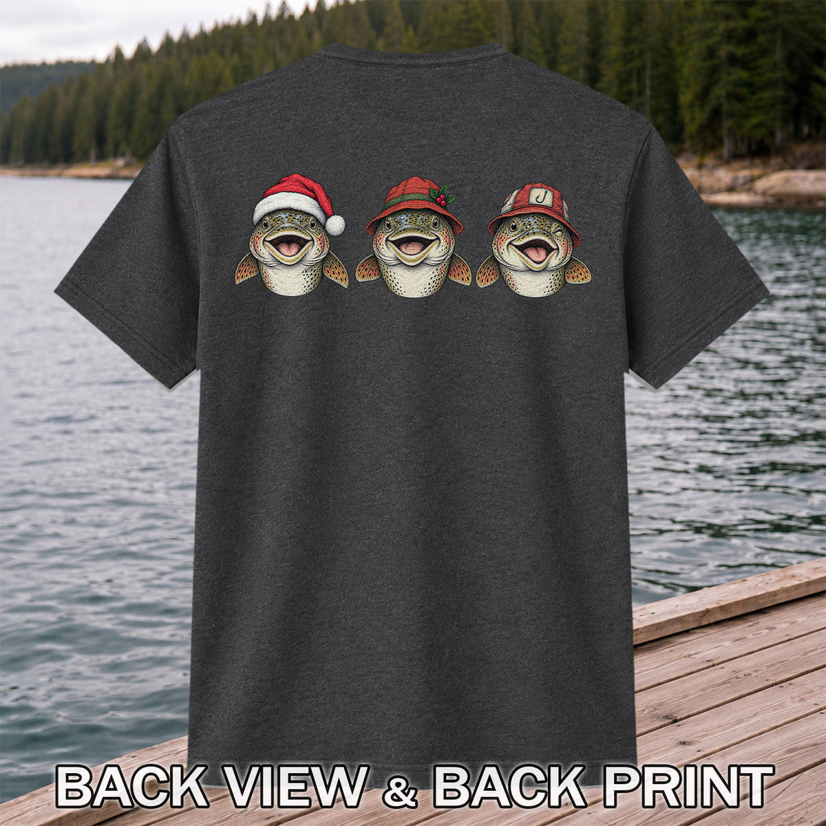 Funny Christmas Trout Trio Fishing Graphic T-Shirt | Back Print