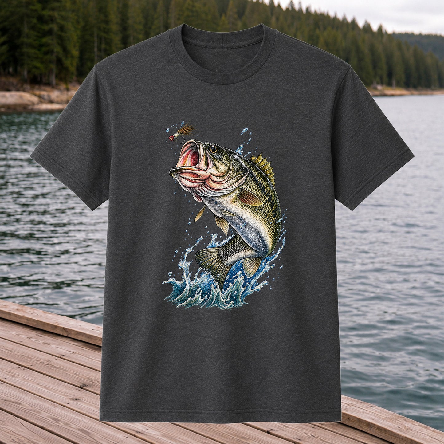 Largemouth Bass Leaping for a Fly Fishing Graphic T-Shirt