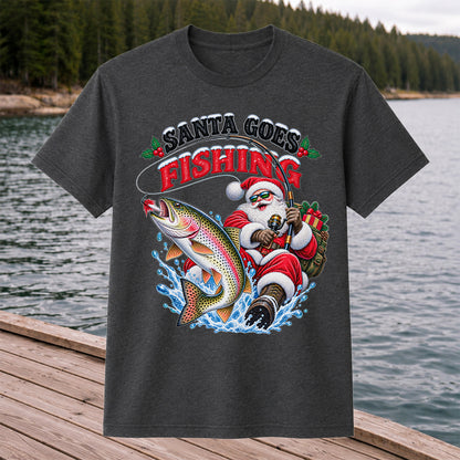 Santa Goes Fishing Rainbow Trout Christmas Graphic T-Shirt