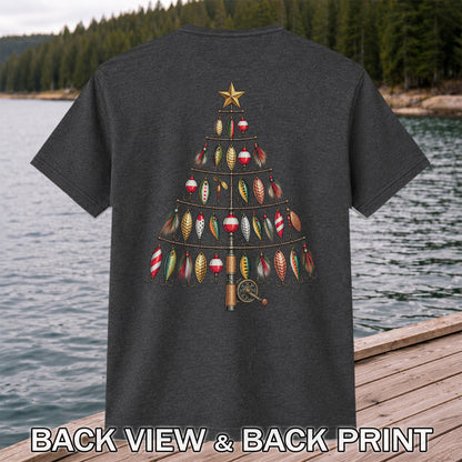 Fishing Lure Christmas Tree with Rod and Reel Graphic T-Shirt | Back Print