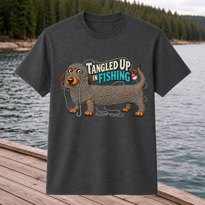 Tangled Up in Fishing Funny Dachshund Dog Graphic T-Shirt