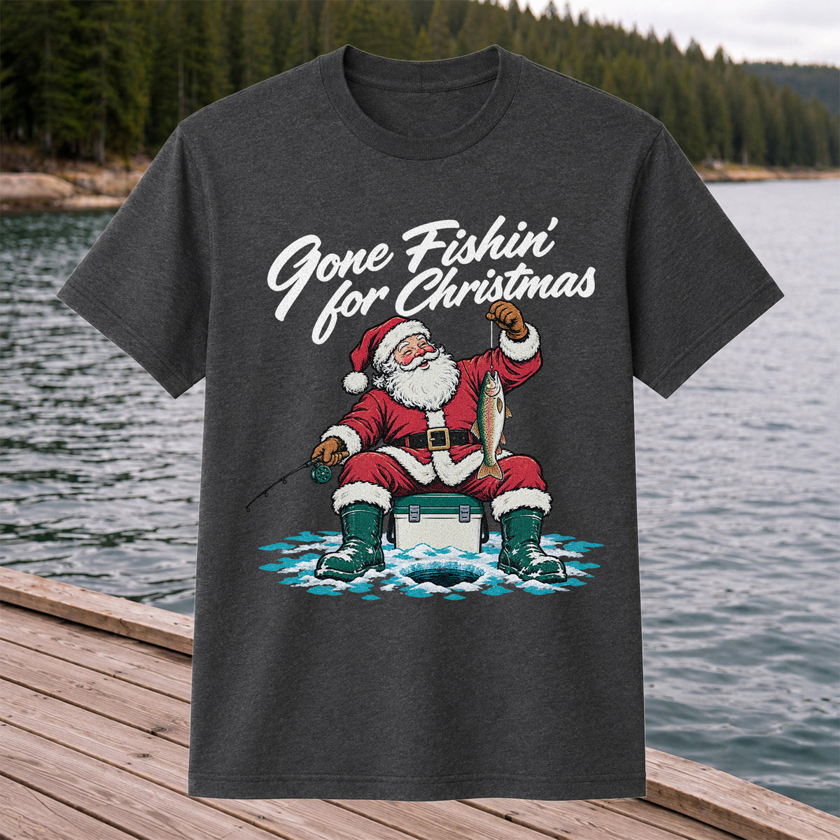 Santa Claus Ice Fishing Christmas Graphic T-Shirt