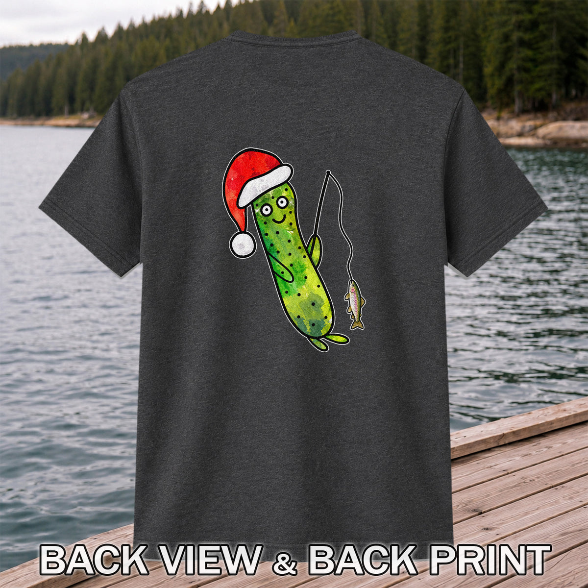 Santa Hat Cucumber Fishing for Trout Graphic T-Shirt | Back Print