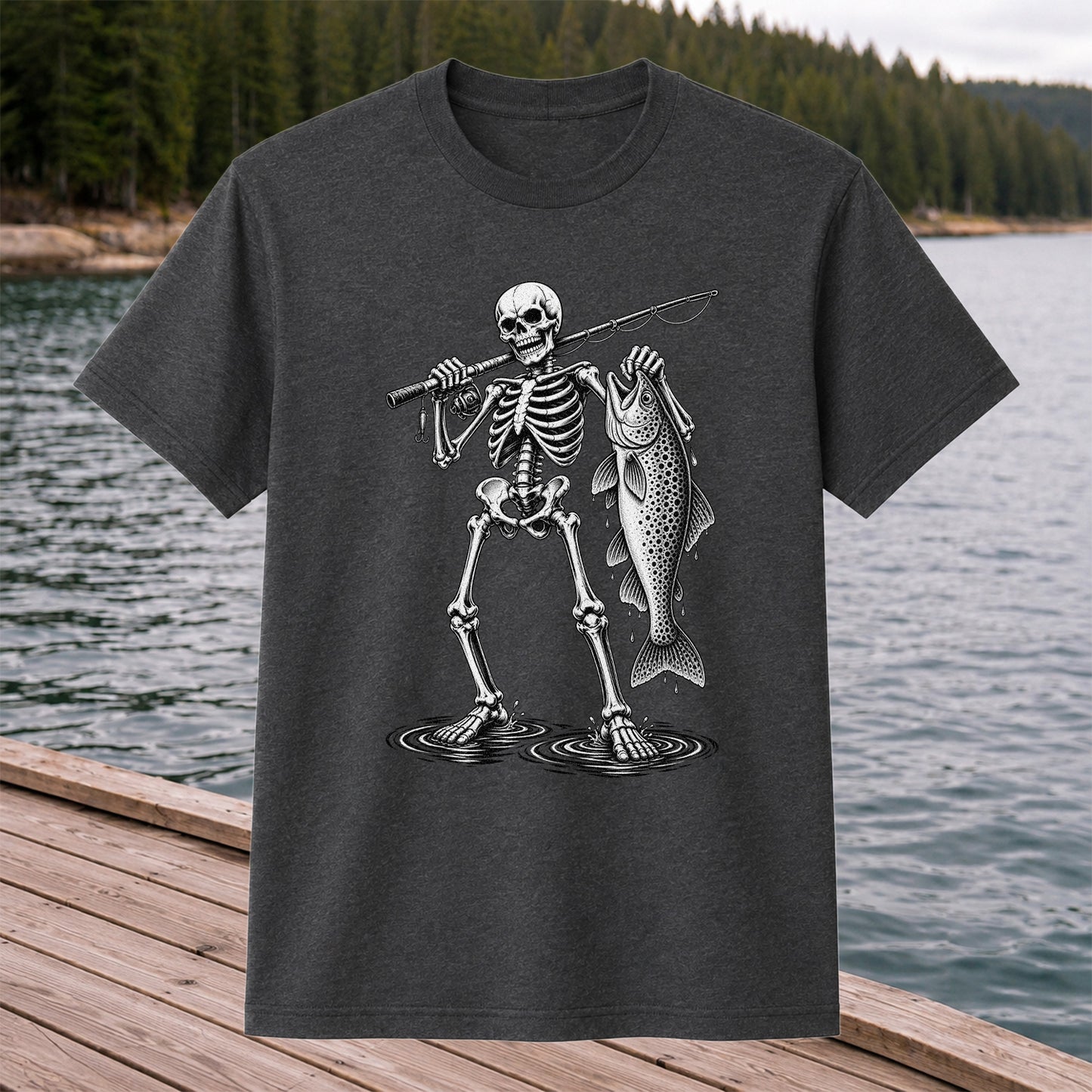 Skeleton Angler Holding a Trout Fishing Graphic T-Shirt