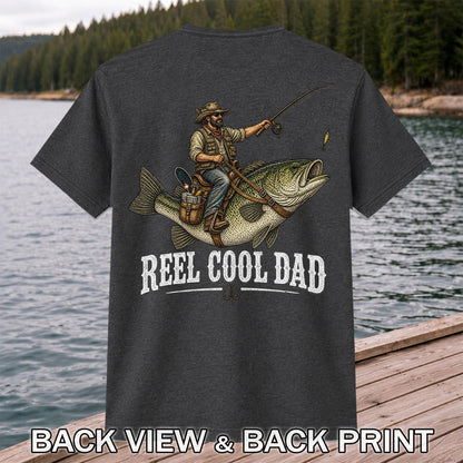 Reel Cool Dad Cowboy Riding a Bass Fishing Graphic T-Shirt | Back Print
