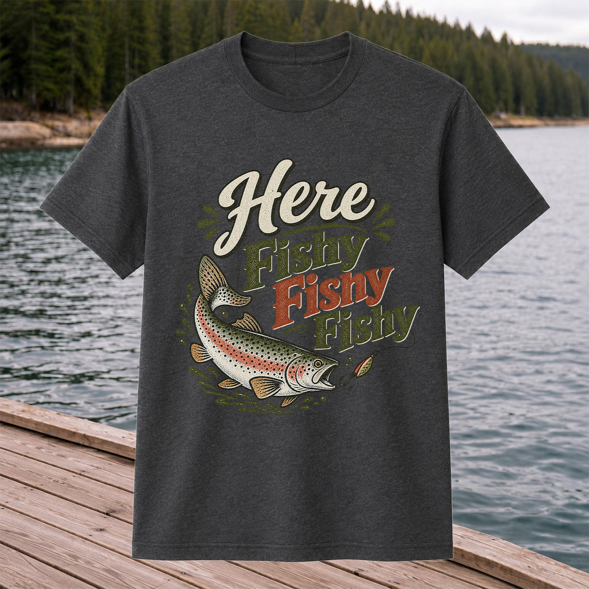 Here Fishy Fishy Rainbow Trout Fishing T-Shirt