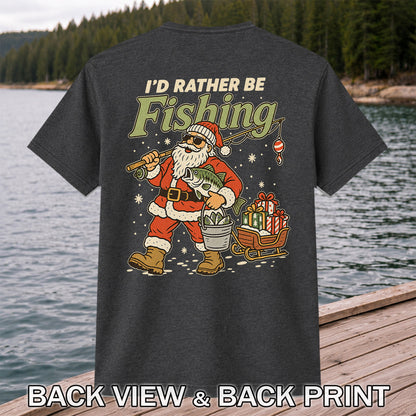 Santa Claus Fishing with Bass Christmas T-Shirt | Back Print