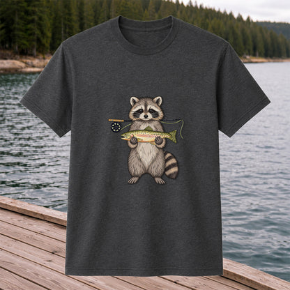 Cute Raccoon Holding Rainbow Trout Fly Fishing Graphic T-Shirt