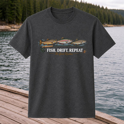 Fish. Drift. Repeat. The Good Routine Trout Fly Fishing T-Shirt