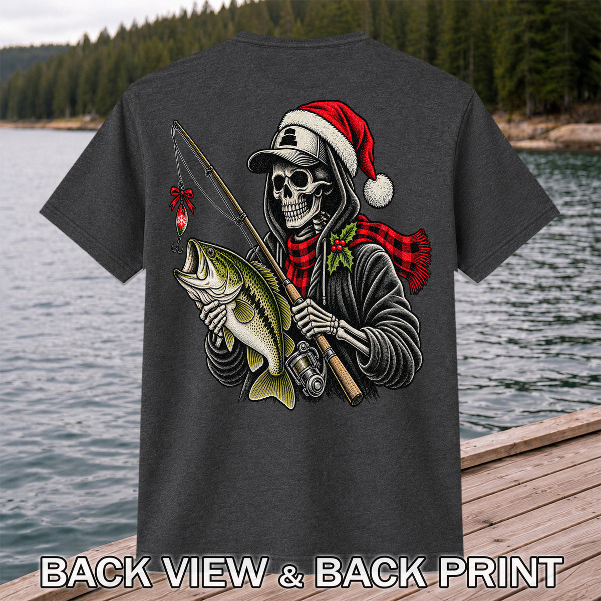 Christmas Skeleton Angler with Santa Hat and Bass Fishing T-Shirt | Back Print