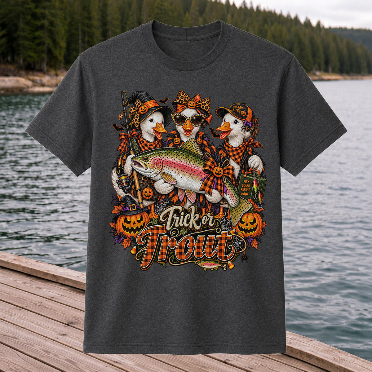 Trick or Trout Halloween Ducks with Rainbow Trout and Pumpkins Fishing T-Shirt