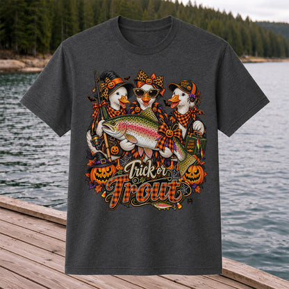 Trick or Trout Halloween Ducks with Rainbow Trout and Pumpkins Fishing T-Shirt
