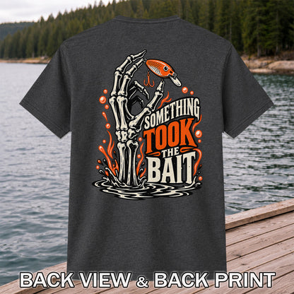 Skeleton Took the Bait Fishing Lure Gothic Graphic T-Shirt | Back Print