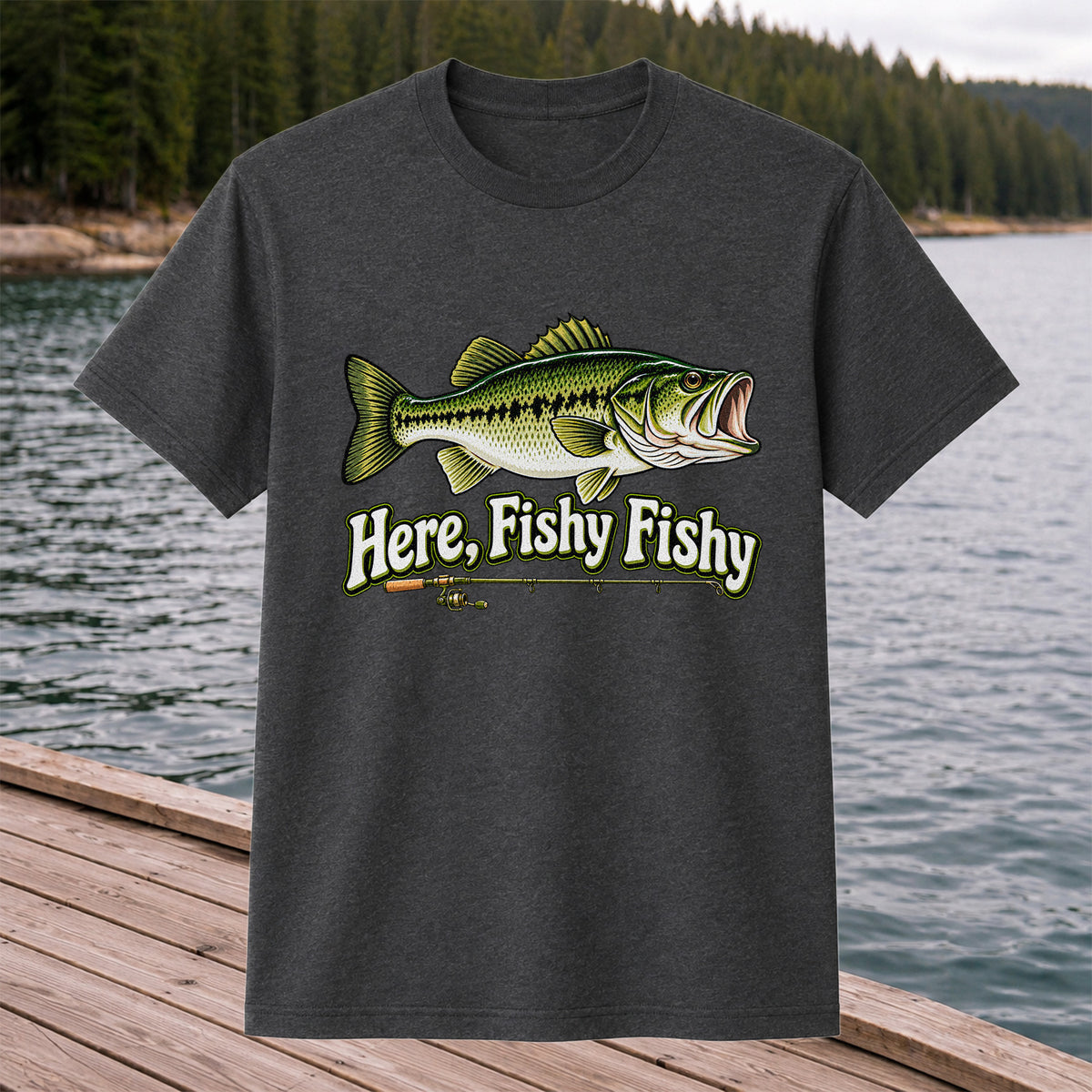 Here Fishy Fishy Funny Largemouth Bass Fishing Graphic T-Shirt