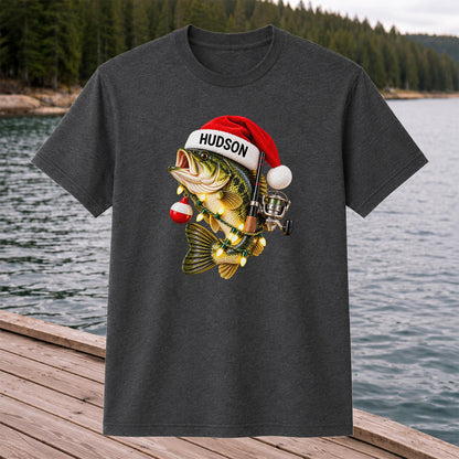 Hudson Santa Hat Bass Christmas Fishing Graphic T-Shirt