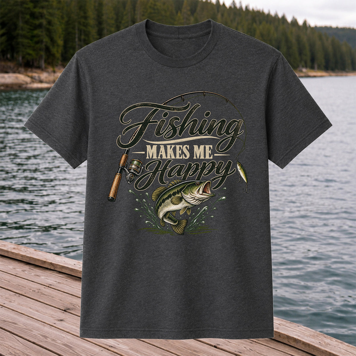 Fishing Makes Me Happy Bass Fishing Graphic T-Shirt