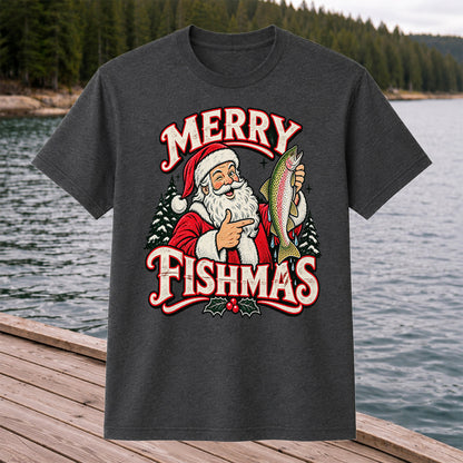 Merry Fishmas Santa Holding Rainbow Trout Christmas Fishing T-Shirt