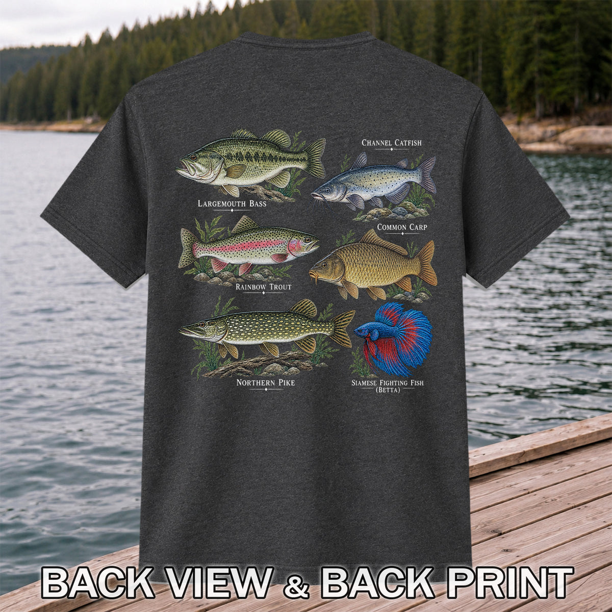 Bass Trout Catfish Carp Pike and Betta Freshwater Fish Graphic T-Shirt | Back Print