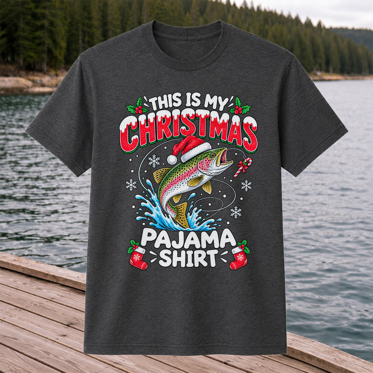 This Is My Christmas Pajama Shirt Rainbow Trout Fishing T-Shirt