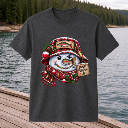 Merry Fishmas Snowman with Rainbow Trout Christmas Fishing T-Shirt