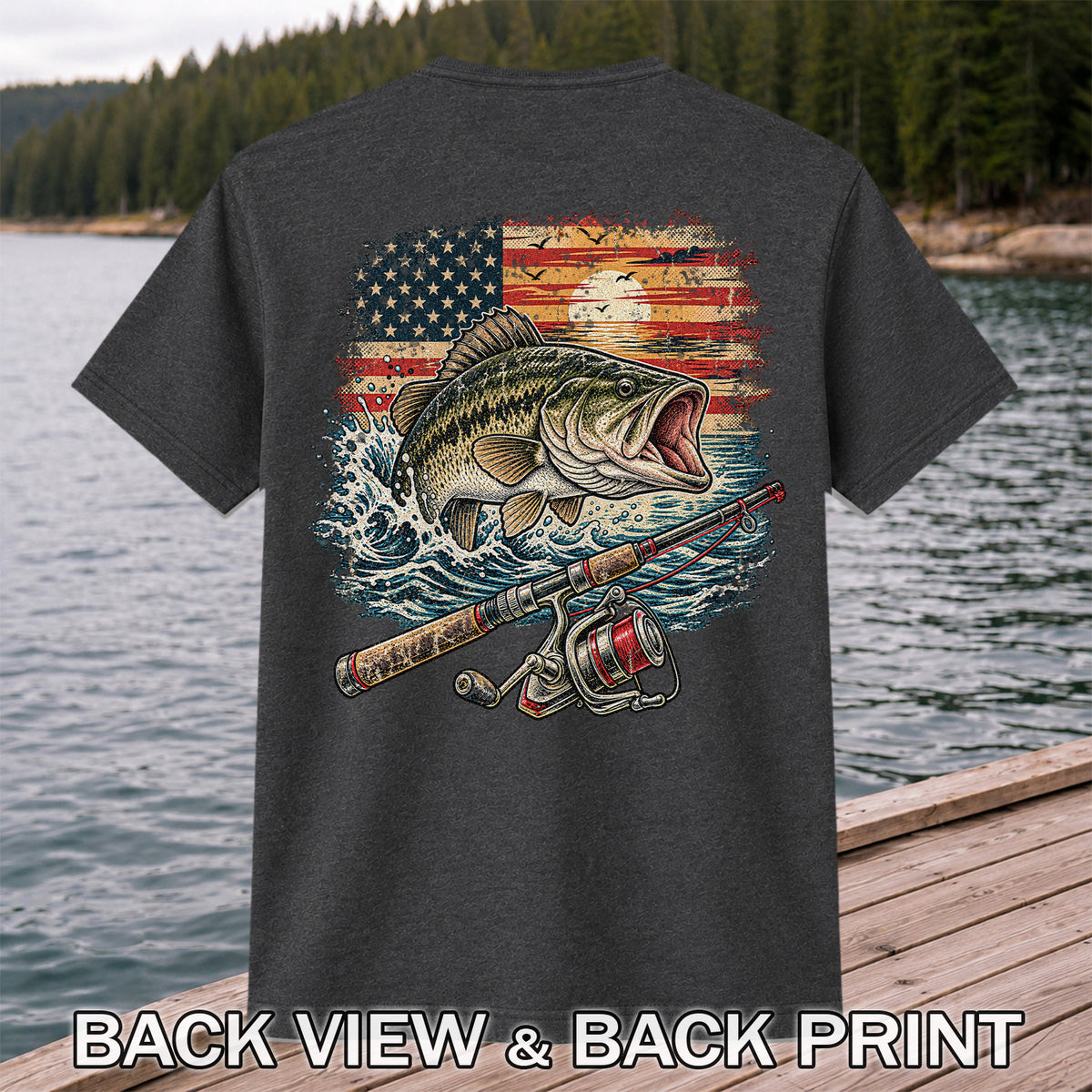 American Flag Largemouth Bass Fishing Graphic T-Shirt | Back Print