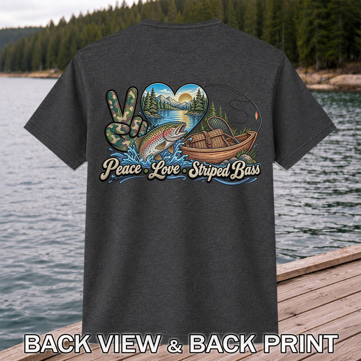 Peace Love Striped Bass Lake and Boat Fishing Graphic T-Shirt | Back Print