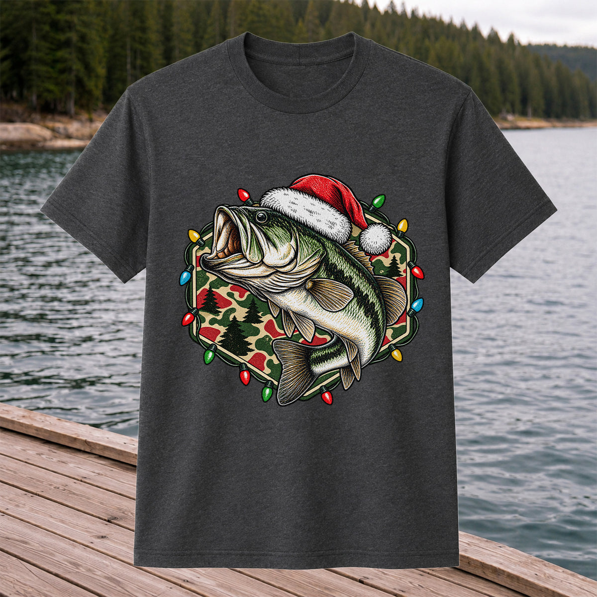 Santa Hat Largemouth Bass Christmas Fishing Graphic T-Shirt