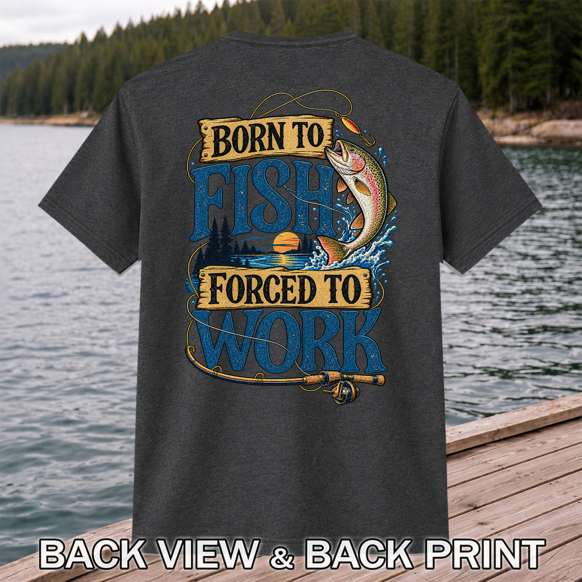 Rainbow Trout Lake Sunset Fishing Graphic T-Shirt | Back Print