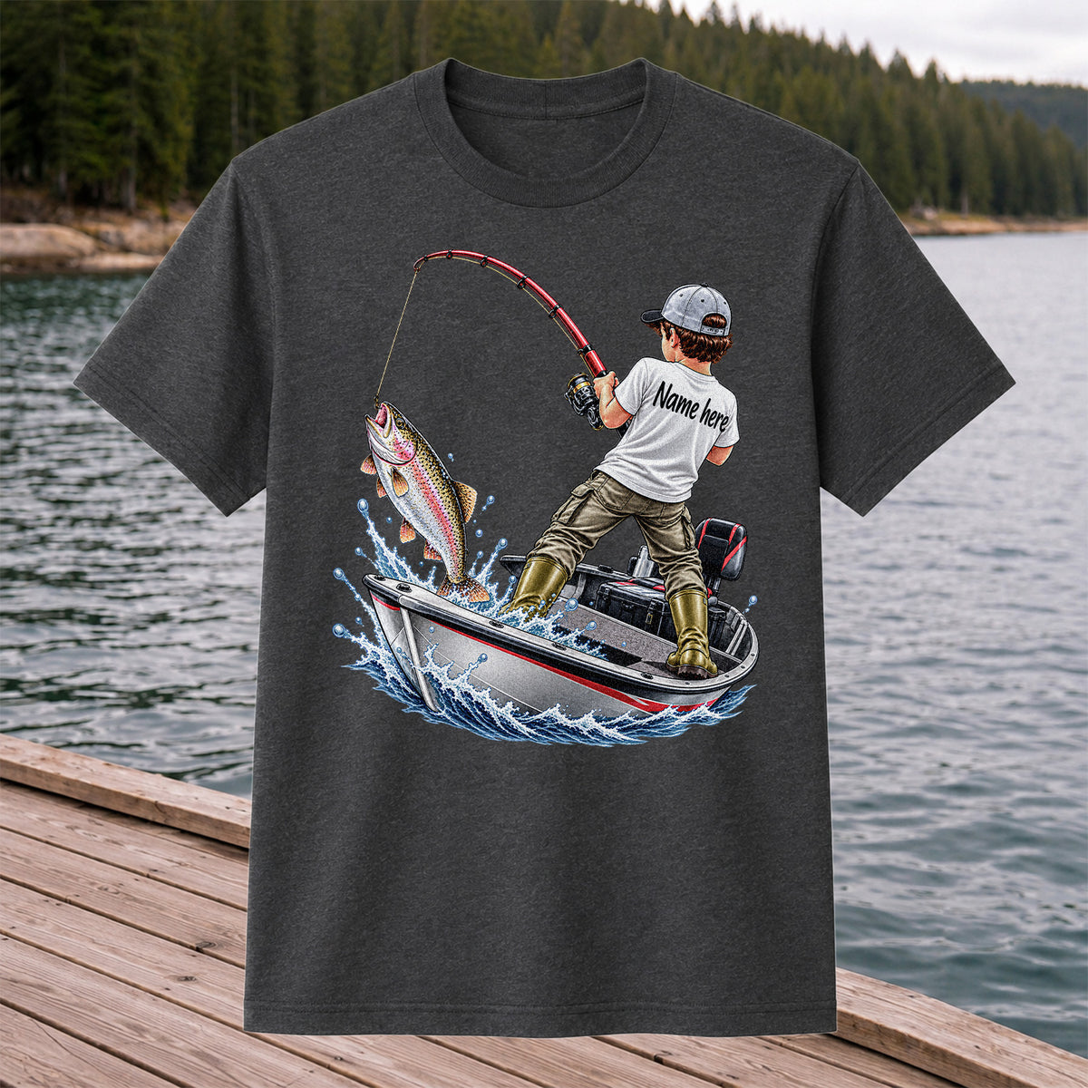 Personalized Boy Fishing Boat and Rainbow Trout Graphic T-Shirt