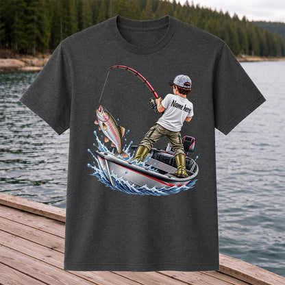 Personalized Boy Fishing Boat and Rainbow Trout Graphic T-Shirt