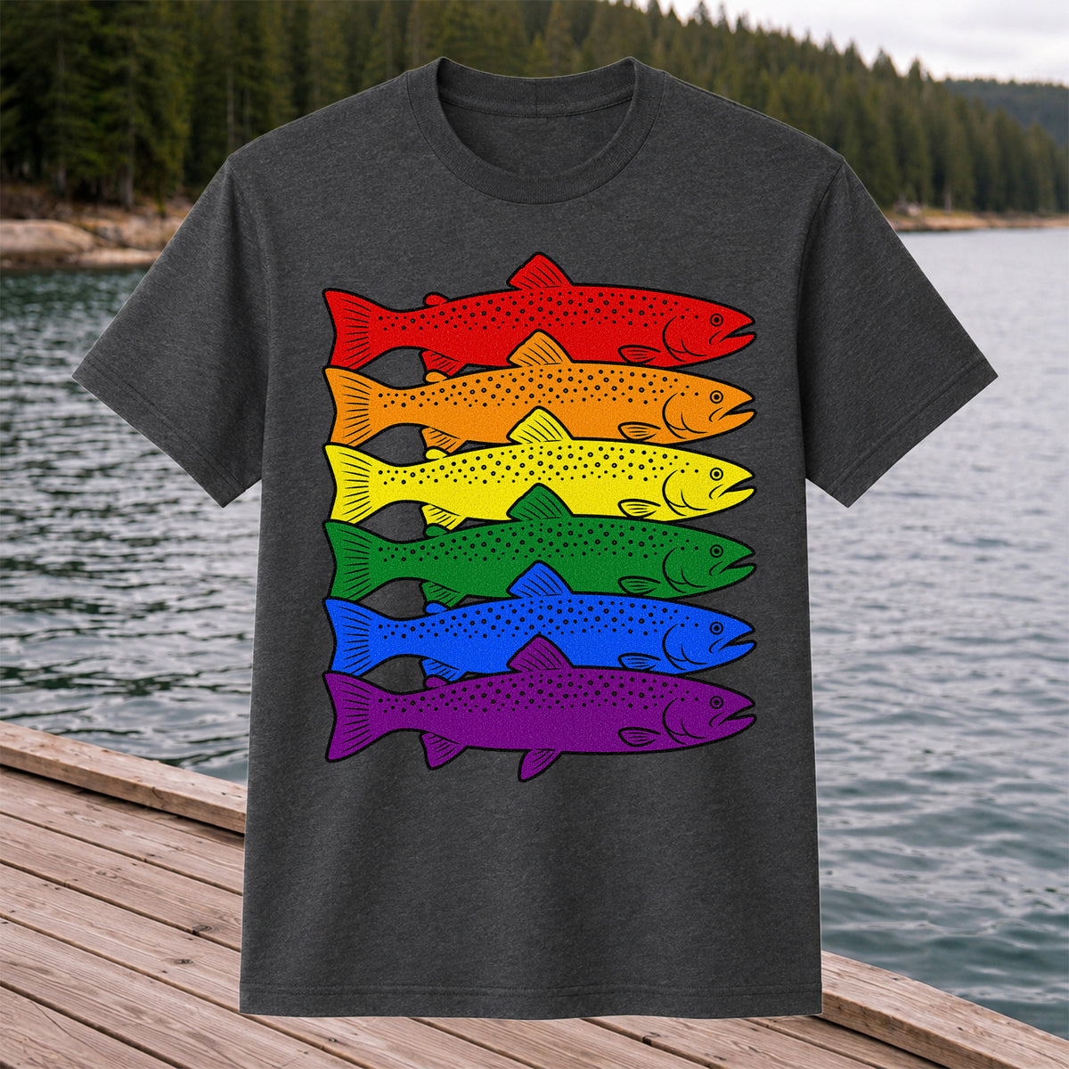 Rainbow Colored Trout Stack Fishing Graphic T-Shirt