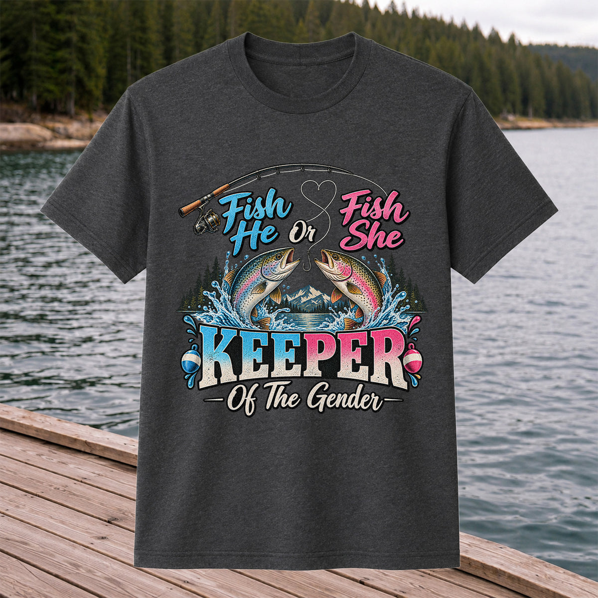 Fish He or Fish She Keeper of the Gender Rainbow Trout Fishing Gender Reveal T-Shirt